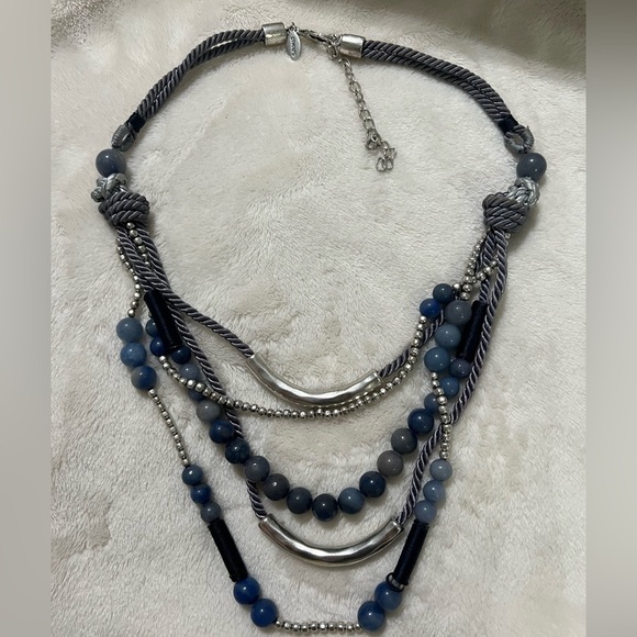 Chico's Jewelry - Silver blue stone  multi strand statement beaded necklace chicos long